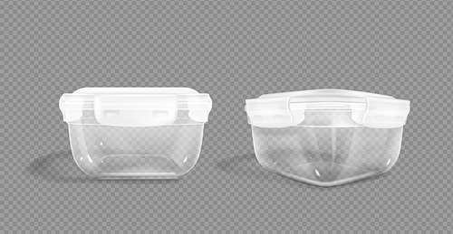 Plastic food containers with clipping path and latch lock lids. Storage for frozen products, closed lunchbox for meal, isolated packages front and angle view, Realistic 3d vector mock up, clip art