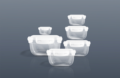 Transparent plastic containers, clear food boxes with lid. Vector realistic set of 3d empty square tray for products and snack. Kitchen storage bowl with cover, lunchbox
