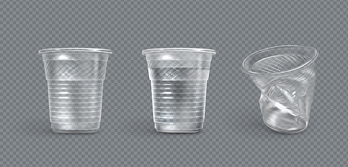 Plastic cups, crumpled and full of water disposable mugs isolated on transparent background. Crumple trash, used empty container for beverages, pollution concept, Realistic 3d vector illustration