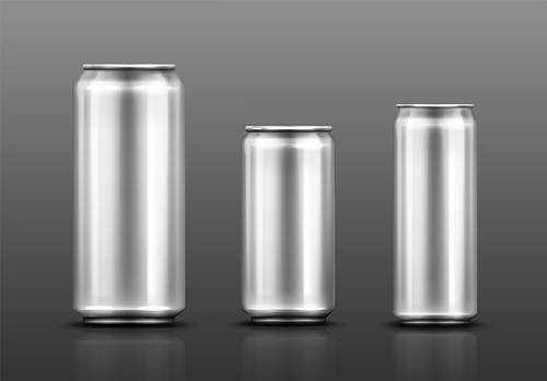Aluminium can for soda or beer isolated on gray . Vector realistic mockup of metal tin cans for drink different shapes. 3d template of blank silver package for cold beverage