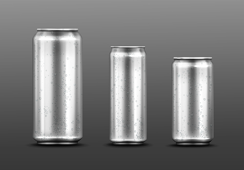 Metal cans with water drops, container for soda or energy drink, lemonade or beer. Isolated silver empty mockup models with cold condensation for brand design template realistic 3d vector illustration