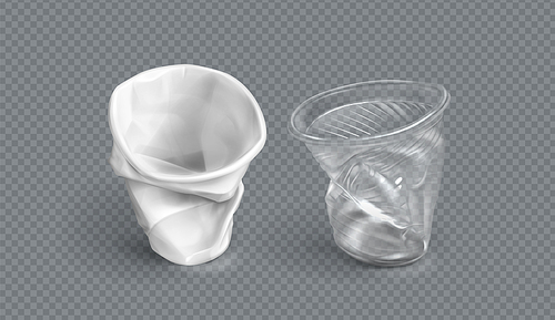 Used plastic cups, white and clear disposable glasses. Vector realistic set of crumpled empty cups for water and drinks isolated on transparent . Concept of recycle trash, discarded garbage