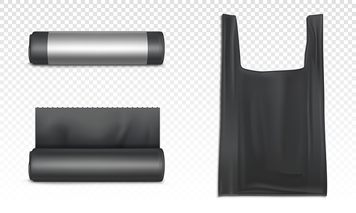 Black plastic bag for trash, garbage and rubbish. Vector realistic mockup of polyethylene sacks for refuse in roll and bag with handles for carrier isolated on transparent background