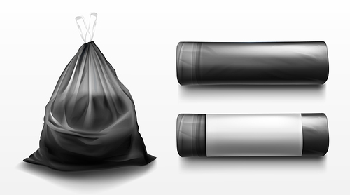 Black plastic bag for trash, garbage and rubbish. Vector realistic mockup of polyethylene trashbag in roll and full of waste. Tied sack with refuse isolated on transparent background