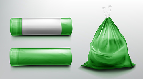 Trash bag mockup, plastic roll and sack full of garbage. Green disposable package for rubbish mock up. Household supplies for waste throw isolated on grey background. Realistic 3d vector illustration