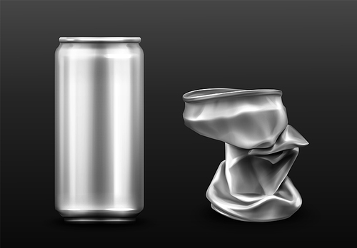 Crumpled aluminium can, empty container for soda or beer. Vector realistic mockup of metal trash for recycle, crushed tin can for drink. Recycling garbage isolated on gray 