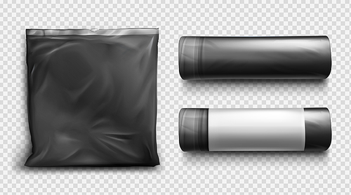 Black plastic bag for trash, garbage and rubbish. Vector realistic mockup of polyethylene trashbag with string. Roll of sacks for refuse isolated on transparent background