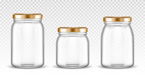 Empty glass jars different shapes with gold lids isolated on transparent . Vector realistic mockup of empty clear bottles with screw cap for jam, canning and preserve food