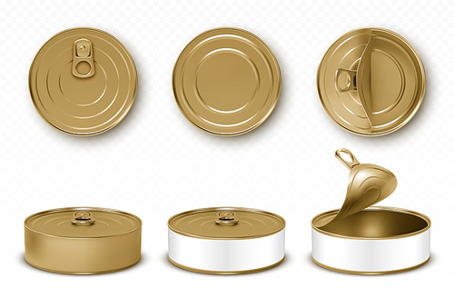 Gold tin cans, fish or pet food mockup with pull ring top and front view. Closed and open empty yellow canned round open key metal jars, isolated aluminium preserve canisters, Realistic 3d vector set