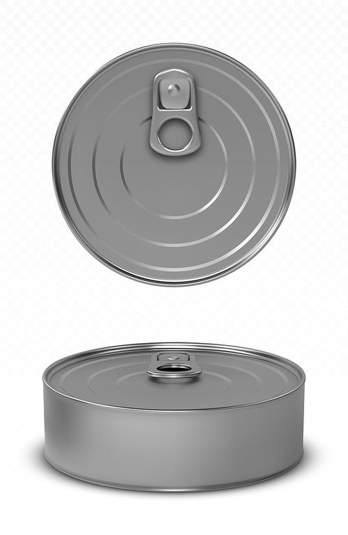 Tin can fish or pet food mockup with pull ring top and front view. Canned round metal jar with closed lid, aluminium preserve canister isolated on white , Realistic 3d vector mock up, icons