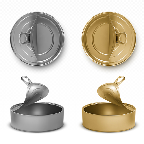 Open tin cans, fish or pet food mockup with pull ring top and front view. Empty gray and yellow canned round open key metal jars, isolated aluminium preserve canisters, Realistic 3d vector icons set