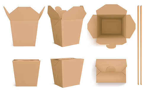 brown wok box and chopsticks, craft paper packaging for chinese food, noodle or . vector realistic mockup of closed and open takeaway boxes in front and top view and bamboo sticks