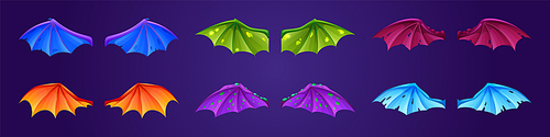 Set of dragon wings myth and fable creatures, demon or bats different wing pairs. Glowing, ragged and colorful magic collection for rpg game fantasy characters, isolated Cartoon vector illustration