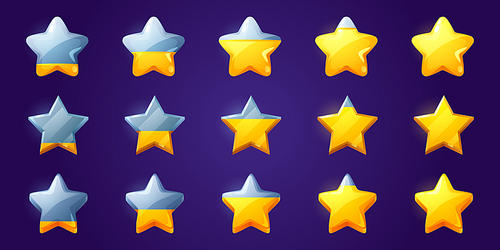 Set of stars, game score elements from empty to full rows. Ui or gui rate yellow golden glossy assets for app user interface and display, winner achievement, bonus Cartoon vector illustration, icons