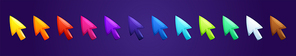 Colorful arrows, mouse cursors for computer game and ui design. Vector cartoon set of glossy pointers, cute arrow buttons and icons for user interface isolated on blue