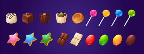 Set of sweets and bakery desserts, lollipops, toffee, bitter and white chocolate bars. Choco candies with praline, nuts or cocoa topping, caramel, gingerbread stars patisserie assortment, Vector icons