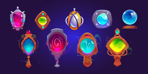 Magic amulets, mirrors and glass sphere. Vector cartoon icons set, gui elements for game about witchcraft or wizard with pendants with gems and crystals in stone and wooden frame