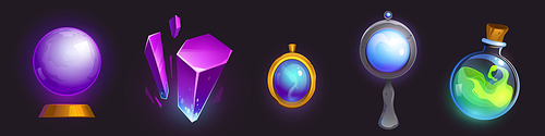 Magic amulet, purple crystal, mirror, glass sphere and potion in flask. Vector cartoon icons set, gui elements for game about witchcraft or wizard isolated on black background