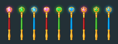Magic wands, golden sticks with crystals in shape of star, heart and crown.. Vector cartoon set of wizard rods for magical tricks and spell, princess scepter isolated on dark background