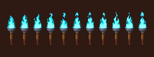 Burning fire on old torch for video game. Vector cartoon animation sprite sheet with sequence of magic blue flame on ancient wood and metal torch isolated on dark background