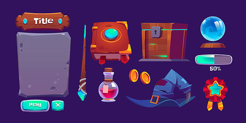 Magic game interface with book of spell, magic wand and bottle with potion. Vector cartoon set of gui elements for game about witchcraft with experience bar, buttons, wizard hat and treasure chest