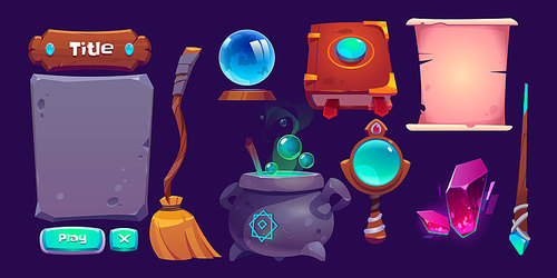 Magic game interface cartoon elements set. Crystal gem and globe, witch broomstick, cauldron, ancient empty scroll, spell book, stone and wooden panel for title, menu or buttons, Vector illustration