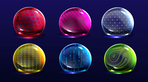 Force shield bubbles, energy glowing spheres or defense dome fields. Science fiction various deflector color elements, firewall absolute protection isolated on background, Realistic 3d vector set
