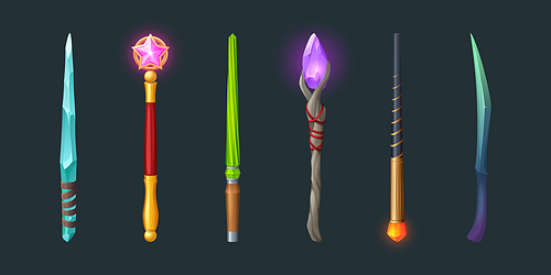Set of magic wands, wizard or witch sticks with glowing gems, frozen ice crystal, pink glass star and green twisted rod. Rpg fantasy game assets, magician fairy tale staff, Cartoon vector illustration