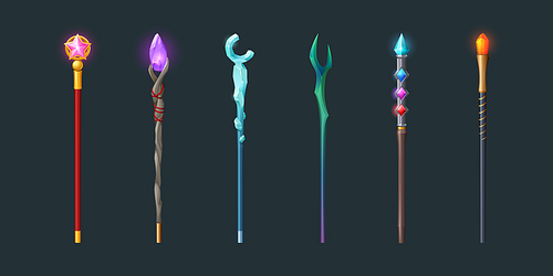Set of magic staff, walk sticks or wands with glow gems, frozen ice crystal and pink glass star. Magician weapon rods for sorcerers, rpg fantasy game assets and equipment, Cartoon vector illustration