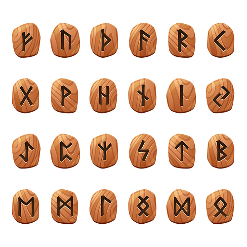 Set of game runes, nordic ancient alphabet, viking celtic futark symbols engraved on wooden pieces. Esoteric occult signs, mystic ui or gui design elements, isolated cartoon vector illustration, icons