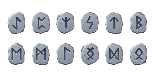 Rune stones with sacred glyphs for game design isolated on white . Vector cartoon set of ancient stones with engraved magic signs, scandinavian runic characters
