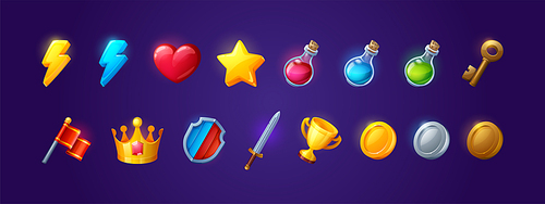 Game icons with heart, lightning, key, crown, gold cup and star. Vector cartoon set of symbols for gui of rpg computer or mobile game, shield, sword, coins, potions and red flag