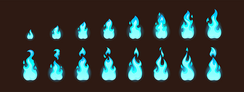 Burning blue fire for 2d animation or video game. Vector cartoon animation sprite sheet with sequence of magic flame on torch, candle or bonfire isolated on black background