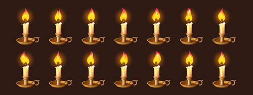 Cartoon burning candles in candlestick motion sequence animation, sprite movement, glowing lights with melted wax. Ui or gui design elements for computer game, isolated vector illustration, icons set