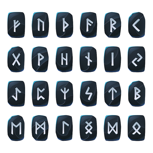 Set of onyx game runes, nordic ancient alphabet, viking celtic futark symbols engraved on black stone pieces. Esoteric occult signs, mystic ui or gui elements, isolated cartoon vector illustration