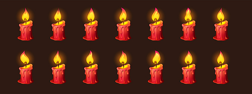 Burning fire on candle for 2d animation or video game. Vector cartoon animation sprite sheet with sequence of shiny flickering flame on red wax candle isolated on black background
