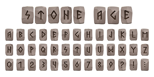 Viking runes stone age alphabet, celtic font with ancient runic signs on grey rock pieces. Abc nordic style scandinavian letters, digits and punctuation signs, futark type symbols, Cartoon vector set