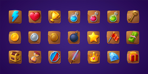 Set of game icons or buttons. Cartoon 3d ui shield, sword, flash and heart, golden cup, magic potion flasks, gold key and treasure chest. Flag, gift box, bomb and money bills, hourglass and brilliant