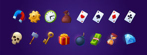 Game icons with key, clock, playing cards, money and gear. Vector cartoon set of symbols for gui of rpg computer or mobile game, diamond, gift, hammer, magnet, bomb and hourglass