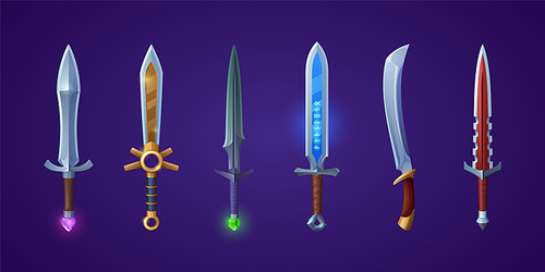 Medieval swords, weapons of knight, king or warrior with magic runes and gems in handle. Vector cartoon set of fantasy dagger, knife and longsword for game interface