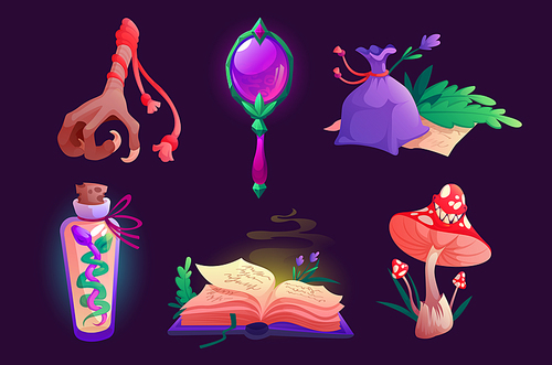 Witch items magic mirror, spell book, bird foot and sack with dry herbs, fly agaric mushroom, bottle with snake. Assets elements for game, isolated wizard stuff, Cartoon vector illustration, icons set