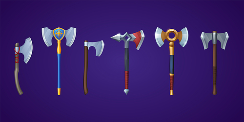 Medieval battle axe, ax and battleaxe vector set. Scandinavian nordic skyrim, weapon. Cartoon double and single blade fantasy viking armor, isolated ui or gui game design element, asset, warrior items