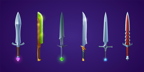 Set of magic swords, space laser futuristic or magical steel dagger and stiletto blades. Vector knight warrior decorated weapon, Ui design elements for computer game, isolated cartoon armor set