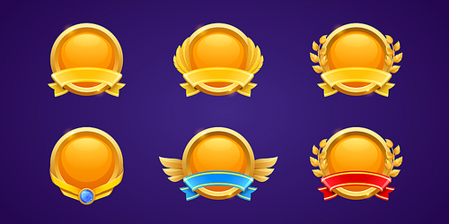 Gold award badges for win in game. Vector cartoon icons of golden medals with ribbons, gem, feathers and leaves. Trophy or prize for best place in sport or competition