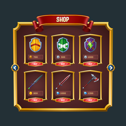 Game shop with medieval weapons and shields for viking, knight or warrior. Vector cartoon design interface element with swords and axes, golden frame, red ribbon and buttons