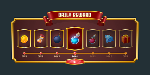 Daily game reward graphic user interface, menu panel for rpg. Screen gui design with level assets in glossy golden frames. Gold coin, hourglass, bomb, magic potion, gem stone, gift box vector treasure