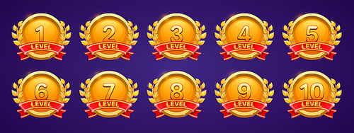 Gold badges with level number for game ui design. Vector cartoon icons of golden medals with red ribbons and laurel leaves isolated on blue background. Rank signs in game or mobile app