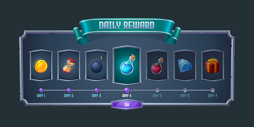 Daily reward frame with item icons for game gui design. Vector cartoon illustration of prizes for every day, gold coin, bomb, gift box, diamond and potions in old metal border with ribbon