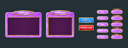 Game streaming overlay panels and buttons. Template of webcam video app design. Vector cartoon set of live stream frames with purple crystal texture and golden borders for show gaming process