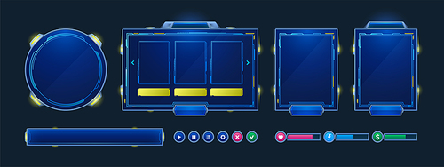 Space stream overlay, game twitch ui frame. Streaming screen, gamer username panels, menu and buttons. Template for esport, online live video, digital user interface glow borders, Cartoon vector set